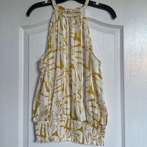Joie Palm Leaf Print Blouse Top Yellow White Smocked Waist Halter Size small